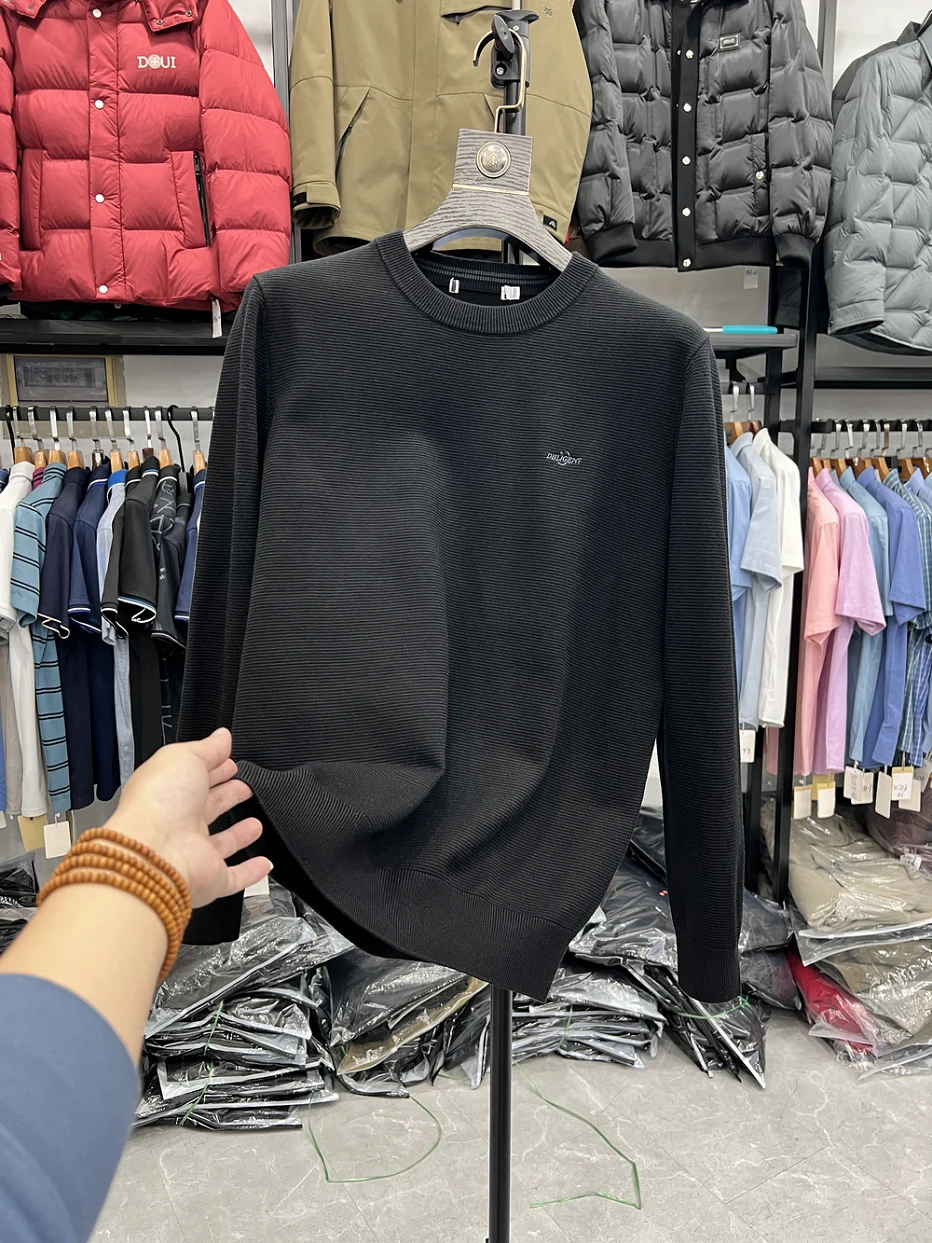 

Мужской вязаный свитер с круглым вырезом и длинными рукавами, повседневный базовый стиль, трикотаж из смесового полиэстера, устойчивый к деформации