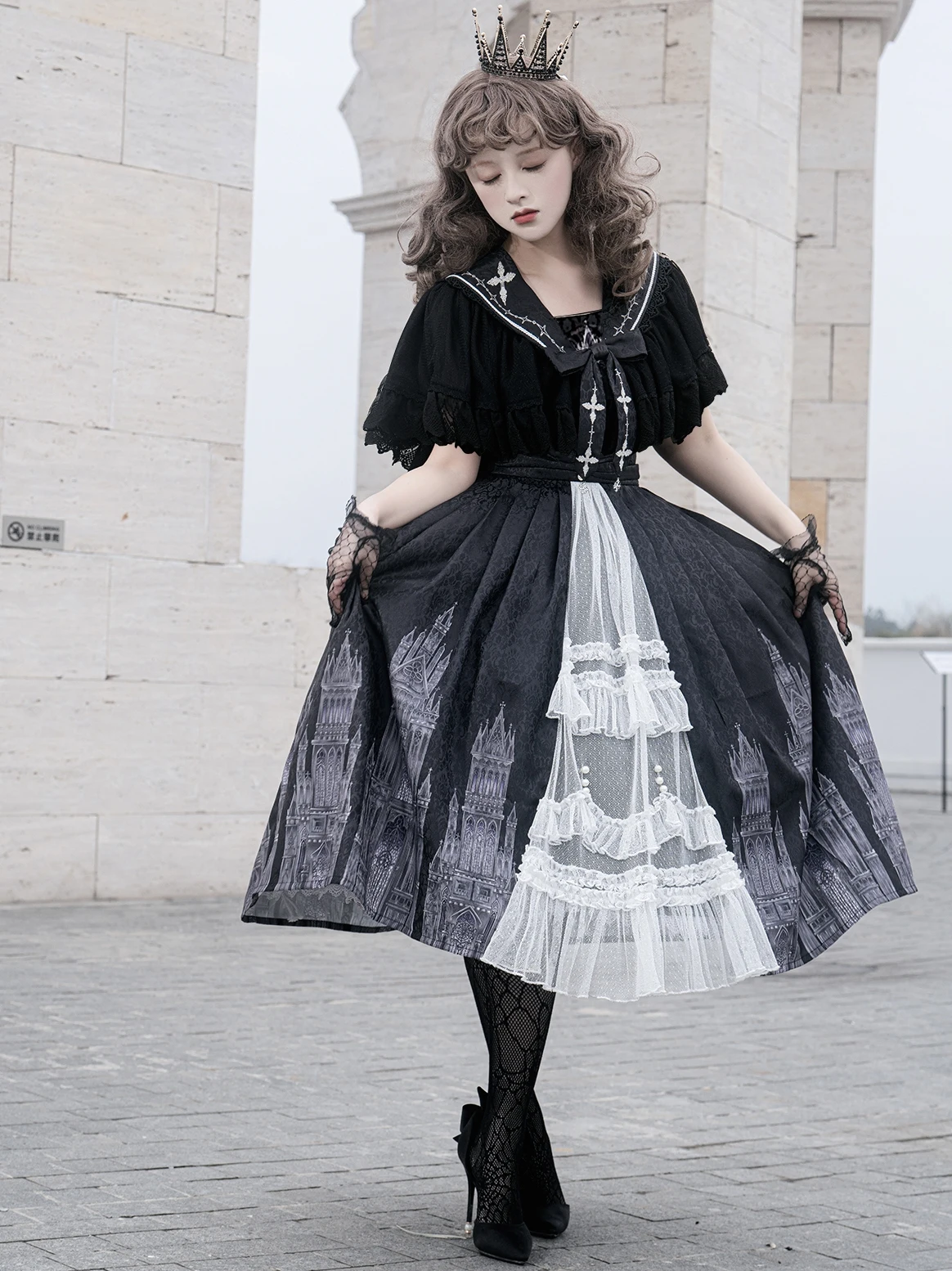 Vestido lolita de igreja silenciosa, série cla escura retrô gótico diário original, vestido de manga curta, primavera e verão