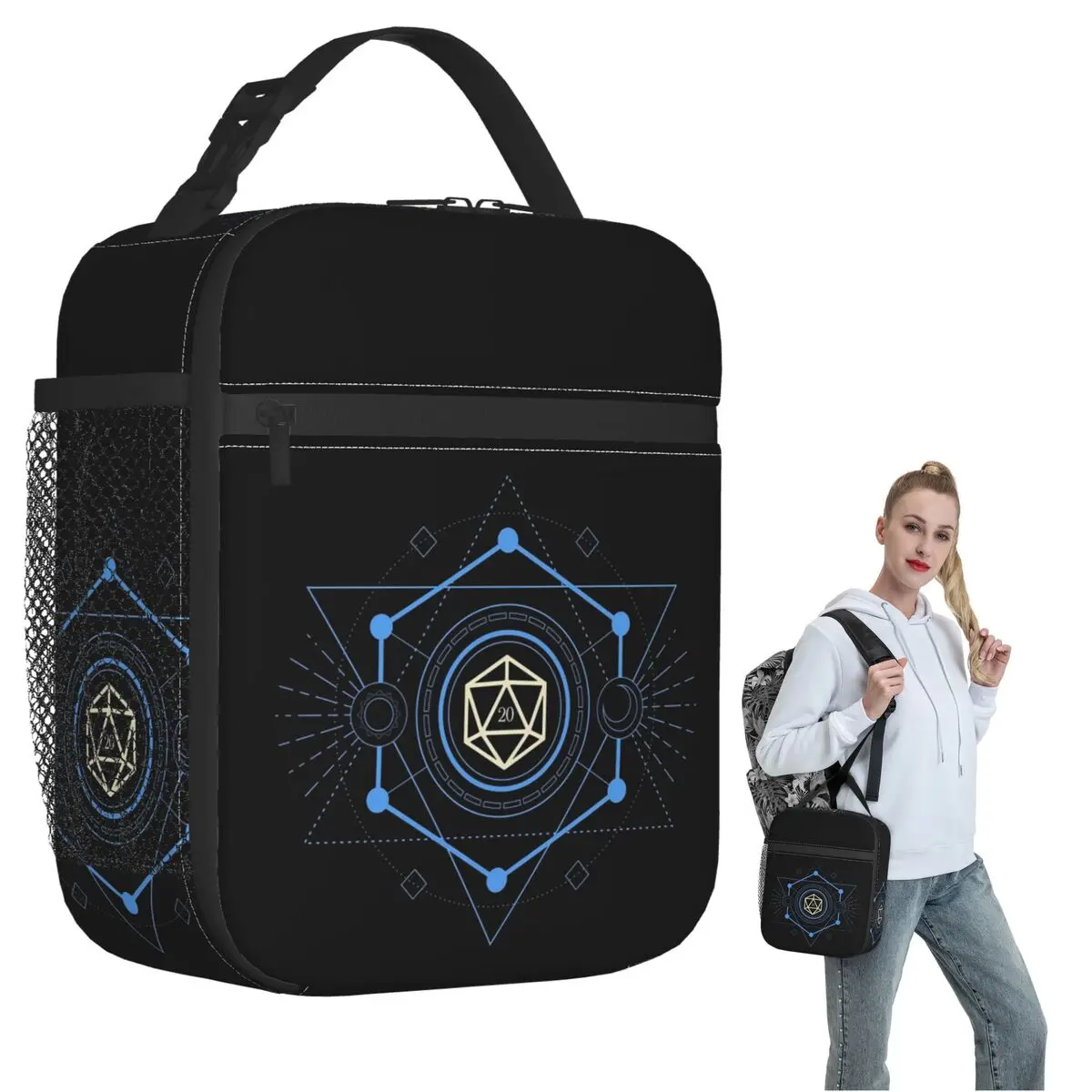 

Geometric Minimalist Blue Polyhedral D20 Dice Tabletop RPG Insulated Lunch Bag Kids Leakproof Food Boxes Thermal Lunch Box Tote