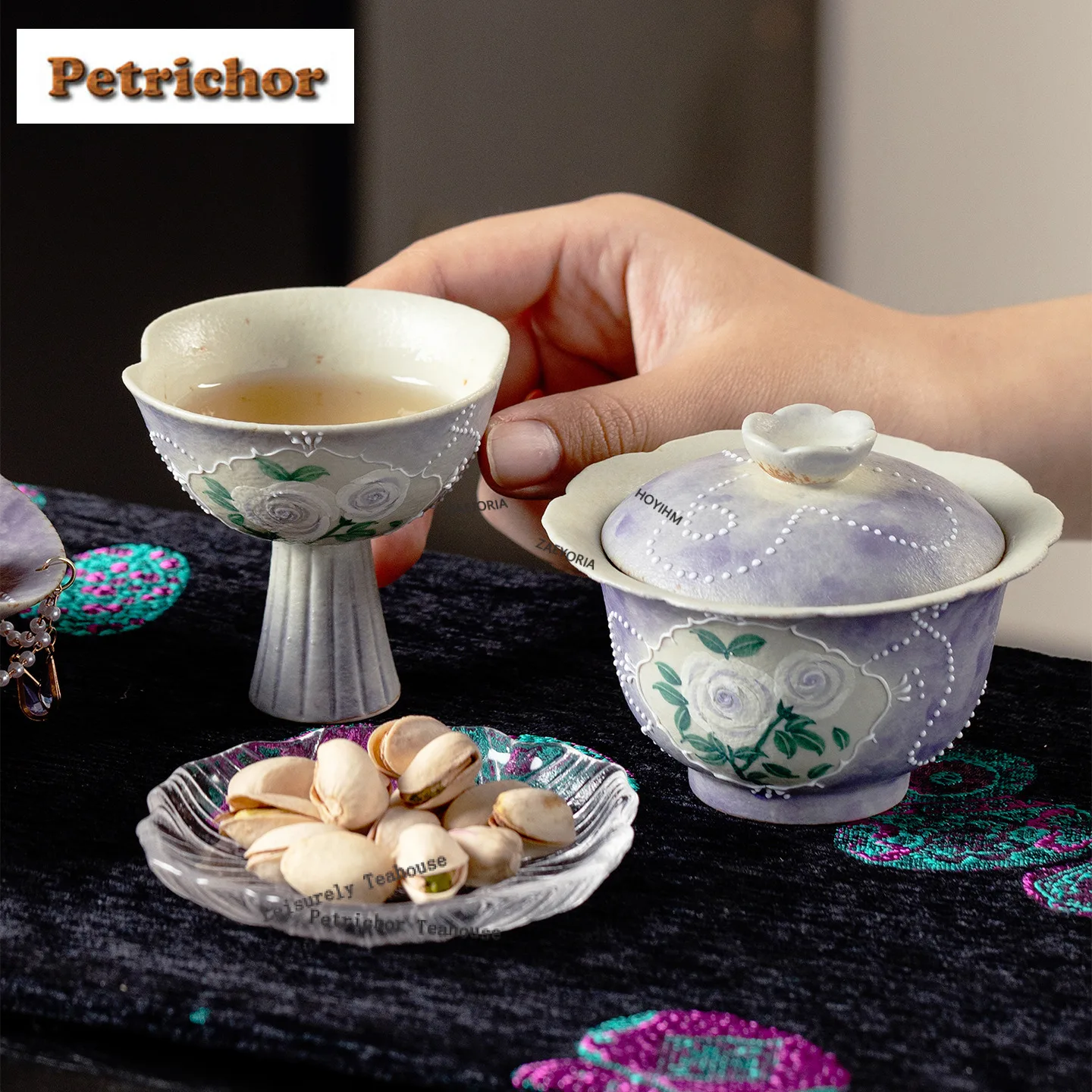 50ml Handbemalte Rosen-Teetasse Antike Teeschale Krug Teeverkostungs-Meditationstasse Chazhan Meistertassen Teeset Zubehör Dekoration