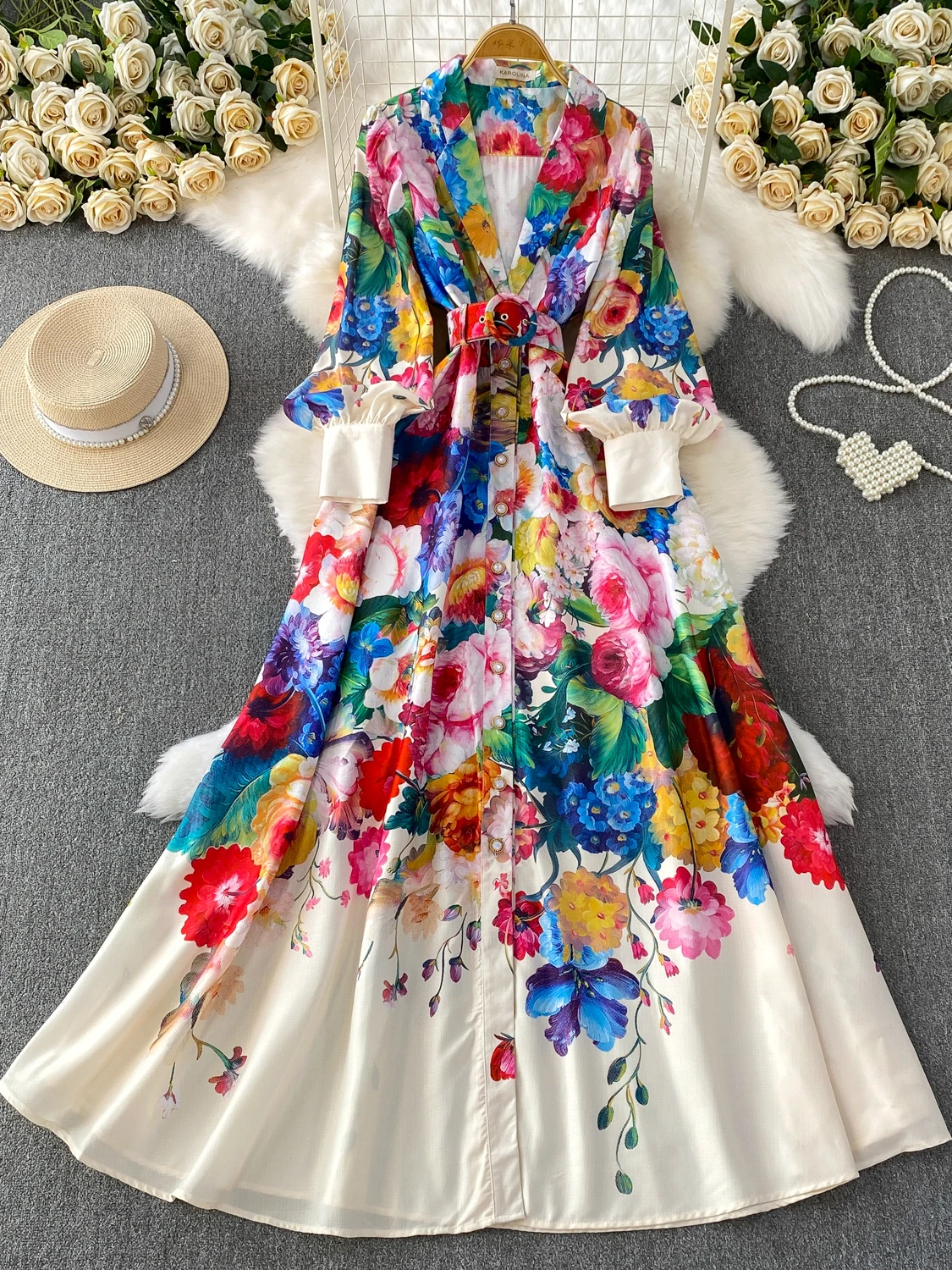 

Женское платье Ele Long с принтом, на одной пуговице, с приталенной талией, рукавами-фонариками, воротником-стойкой, для праздников и повседневной носки