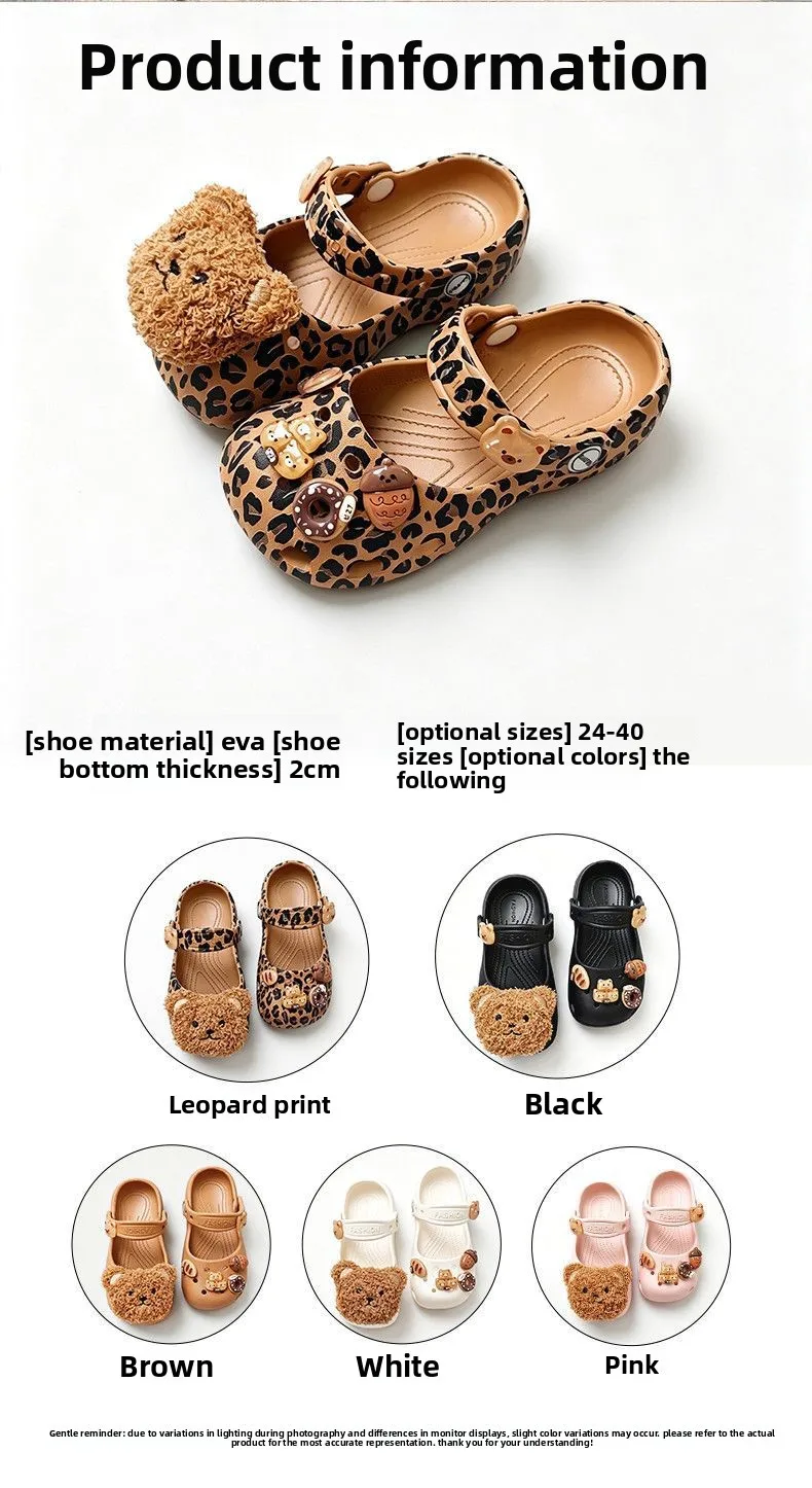 2026 Sommer-Trend Leoparden-Clogs für Mädchen, Weiche EVA-Schuhe mit Bären-Deko, Ballerinas, Mädchen-Strand-Mary-Jane-Sandalen, Hausschuhe – Detail 4