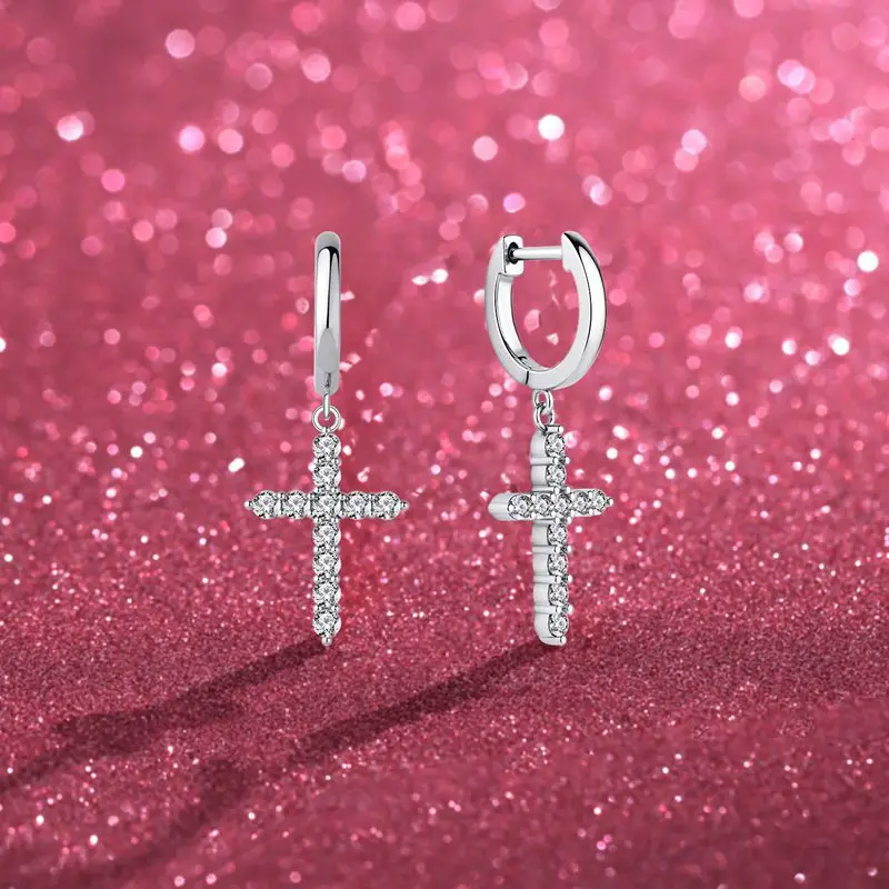 Eye catching Banquet Cross Drop Earrings For Women, Moissanite PT950 Platinum Dazzling Party Jewelry