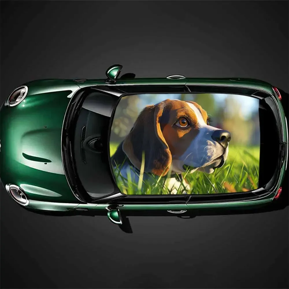 Beagle with Widened Eyes Print Car Roof Sticker Wrap Racing SUV Auto Accessories Packaging PVC Car Hood Graphic Decal Decoration