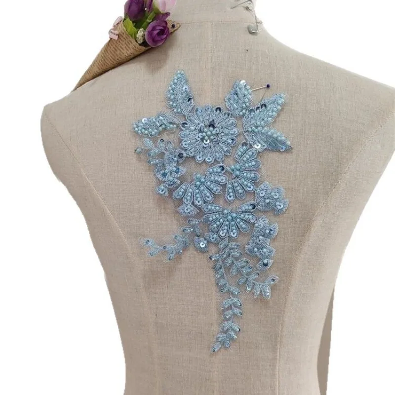 2PCS Blue Handmade Beaded Lace Flower Patches for DIY Clothing Accessories Ideal for Dress Decoration Require Sewing