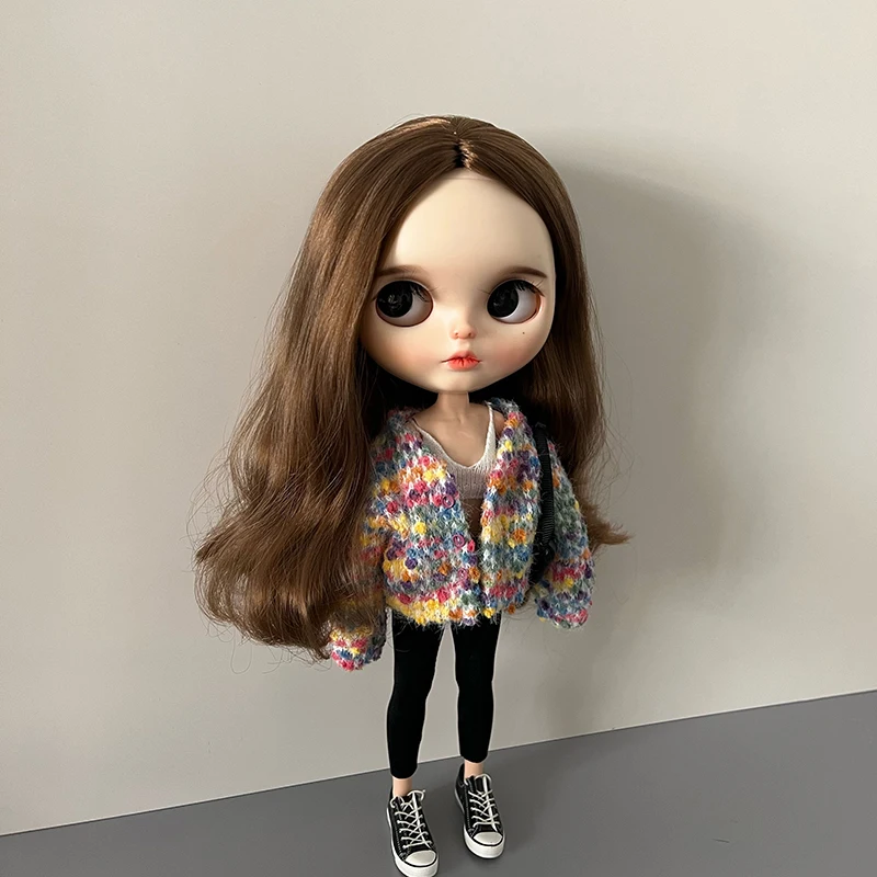 DLBell New Rainbow Sweater Blythe Clothes Long Sleeve Colorful Cardigan Coat and Pants for Barbie Blyth OB24 Pullip 1/6 Dolls