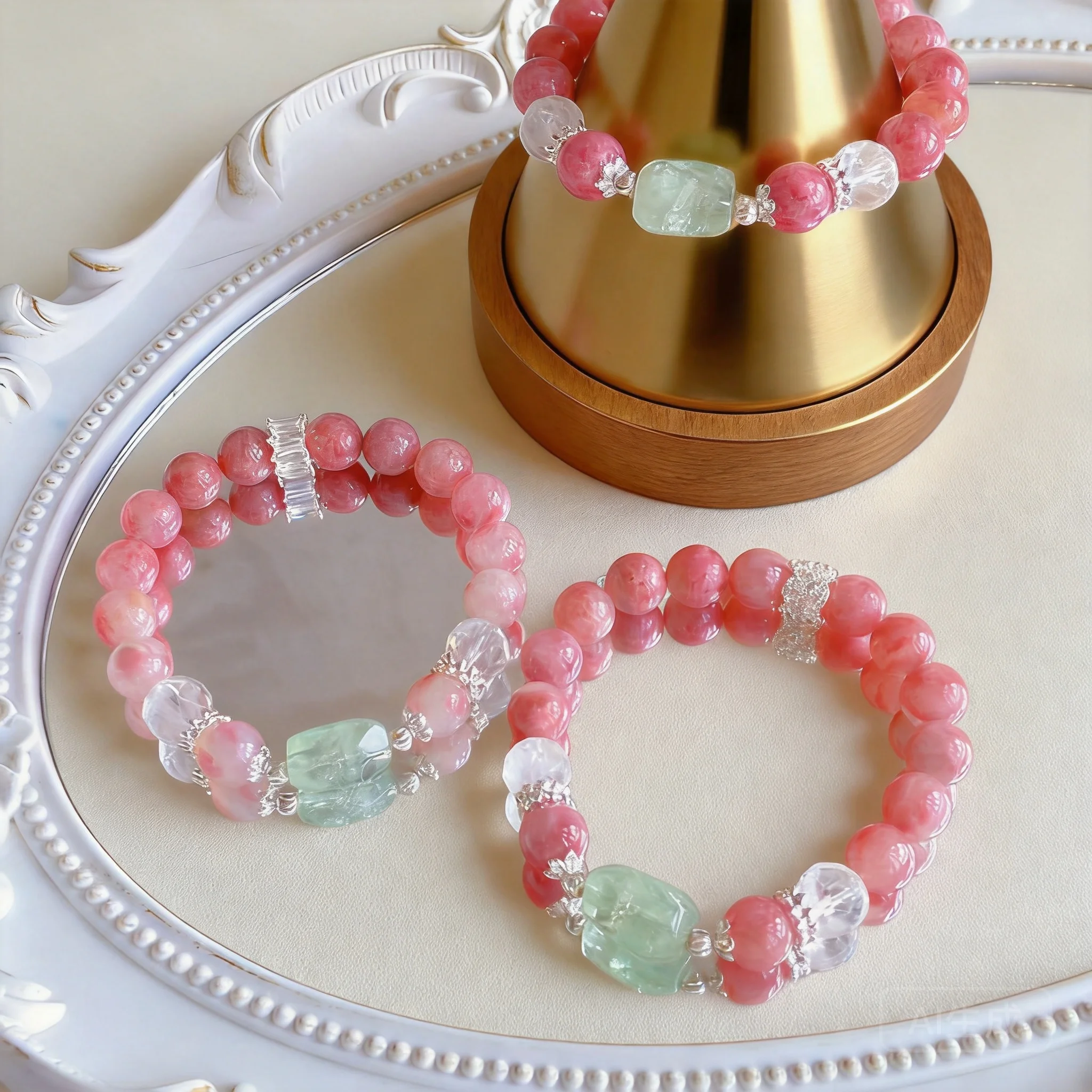 

Chinese Style Lucky Natural Rhodonite Green Crystal Clear Quartz Beaded Bracelet For Women Blessing Fortune Attracting Good Luck