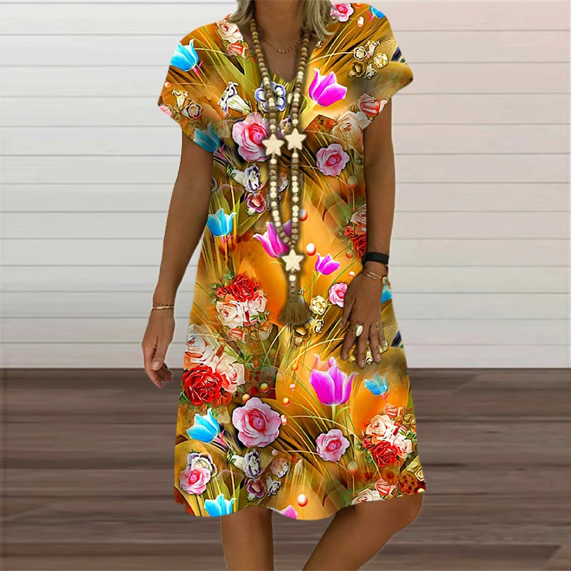 2023 New Women Dresses Summer Fashion Raindrop Flower 3D Print Dress Casual V-Neck Short Sleeve Loose Oversized Clothing Vestido