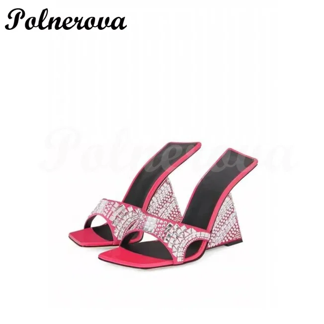 

Blingbling Rhinestone Square Toe Square Heel Slippers Women's Shoes Summer Sandals Luxury Women's Shoes Large Size 35-43