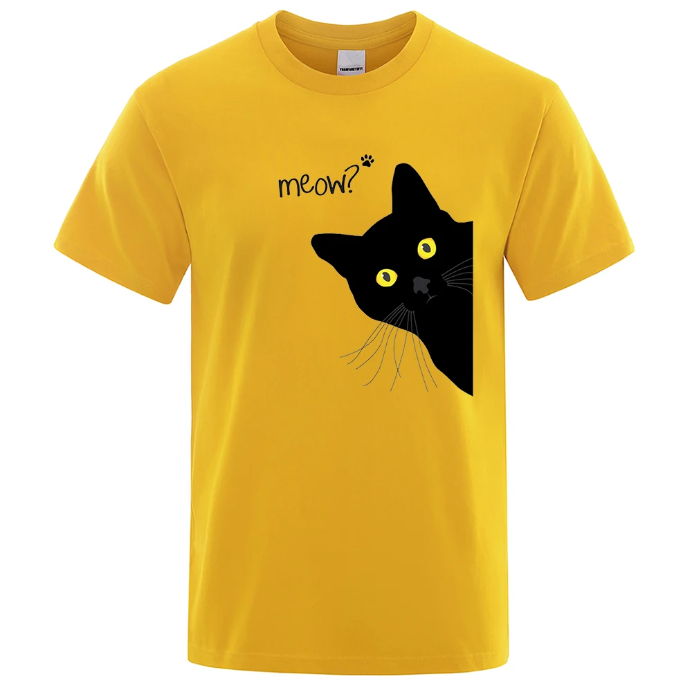 Meow Schwarze Katze Lustige Druck Männer T-Shirts Atmungsaktive T Kleidung Sommer Streetwear Tops Unisex Lose Baumwolle Kurzarm
