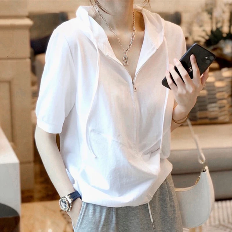 칭다오 브랜드 한국 슬레 여성 티셔츠 또는 스웨트셔츠 루즈핏 순면 화이트 탑 여름 캐주얼 웨어 출퇴근 패션