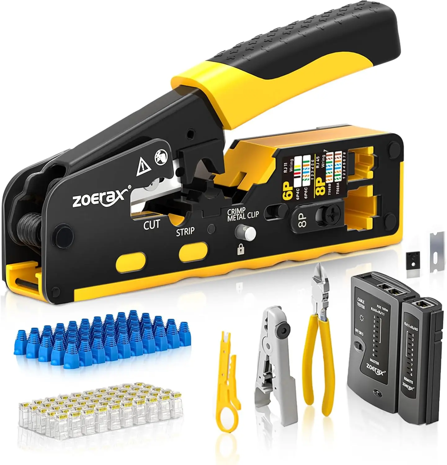 

Cat7 Cat6 Cat5 Ethernet Crimping Tool Kit with Cable Tester, Stripper, Blades & 50 Connectors