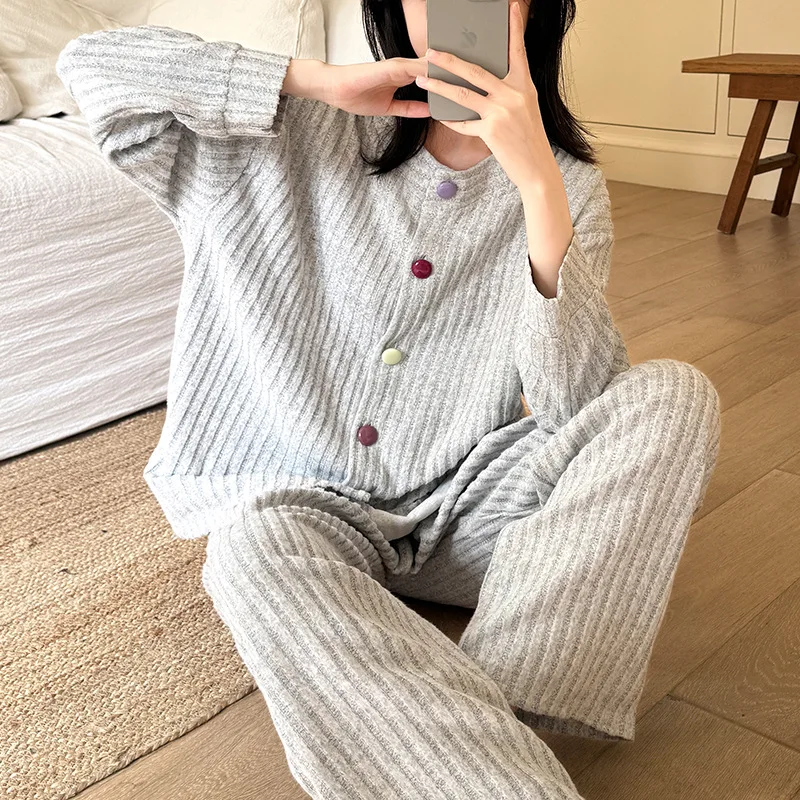 Herbst-Winter Damen Loungewear Fleece-Strickjacke Pyjama Set für Mädchen und Damen, Gestreift, Langarm, Warm, Weich, Locker Geschnitten, für Teenager