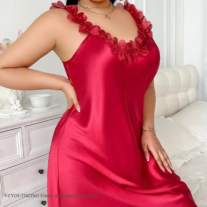 Oversize 3XL-5XL Female Nightgown Home Dress Sexy Lace Suspender Lingerie Nightdress Sleepwear Summer Ice Silk Nighty Loungewear