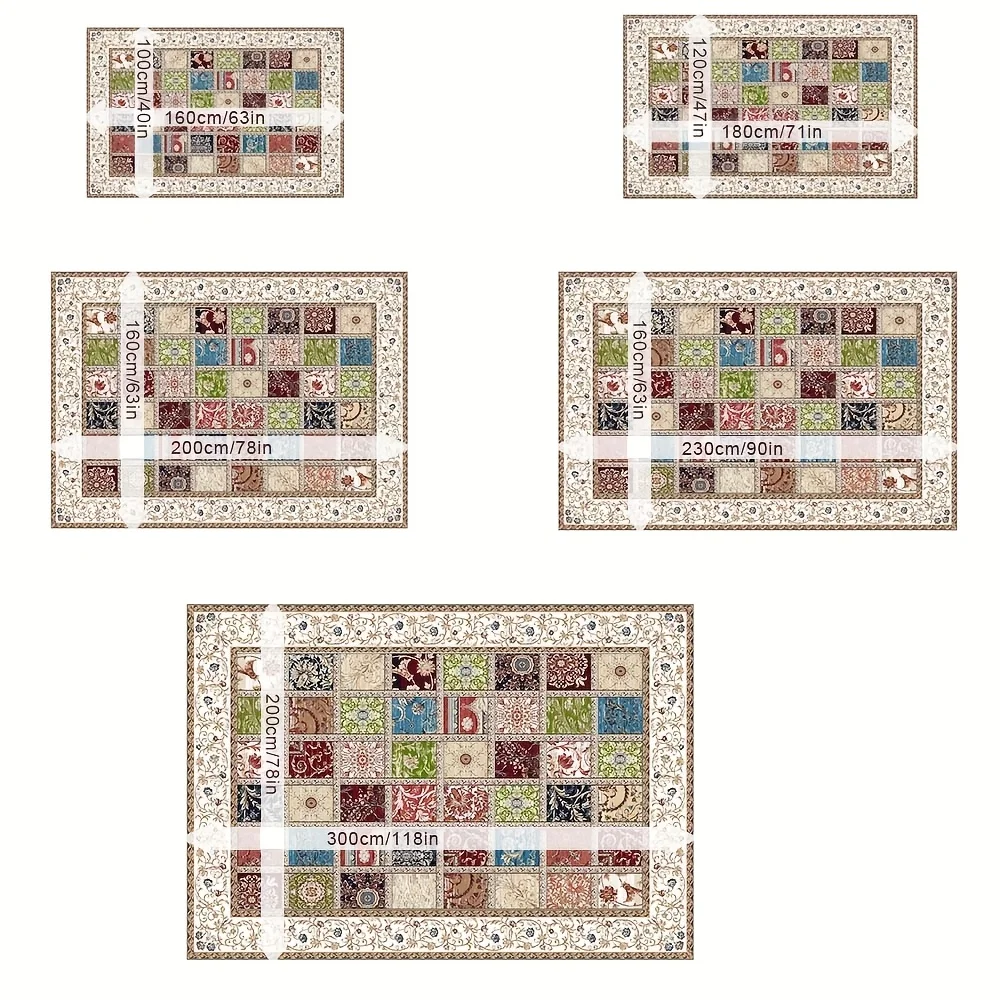 VIKAMA Vintage Patchwork Area Rug,Non‑Slip Mat,Colorful Square Floral Mosaic Carpet for Living Room Bedroom Home Decor Rug