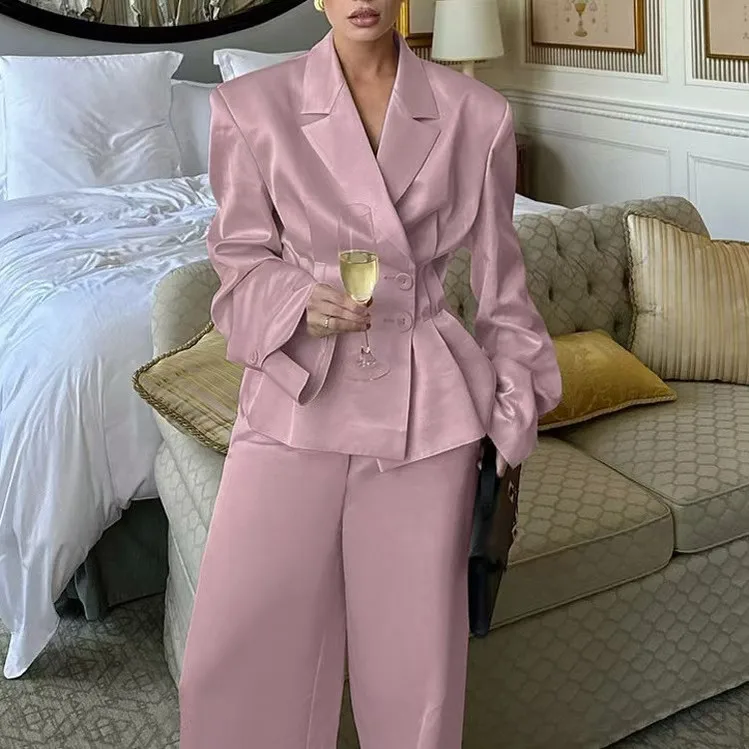 

Ele Pleated Waist-Cinching Suit Jaet And Wide Leg Pants Two-Piece Set Faionable And Sli Women's Clothing