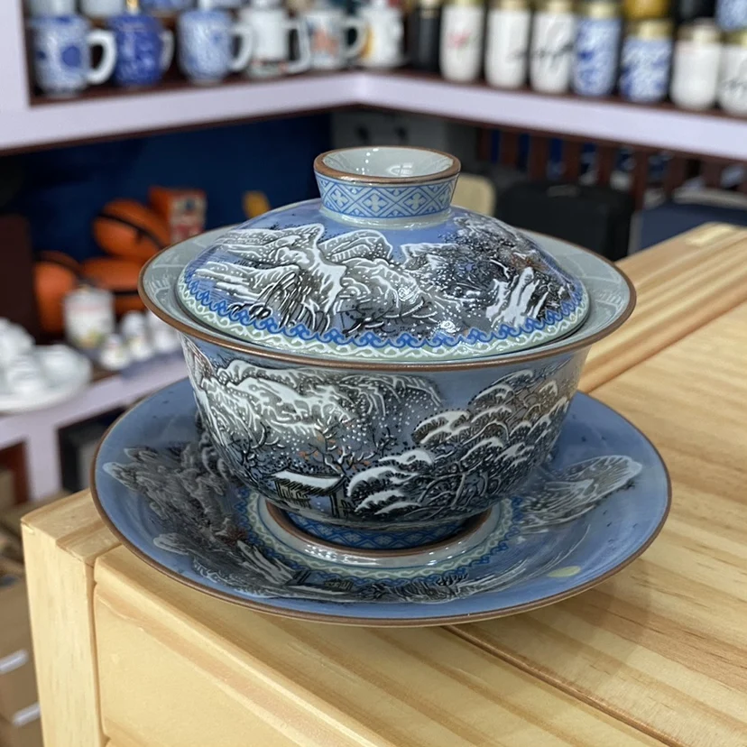 

Handmade Jingdezhen Old Clay Snow Scene Gaiwan Single Gracked Glaze Supportable Ceramic Tea Drinking Cup Bowl