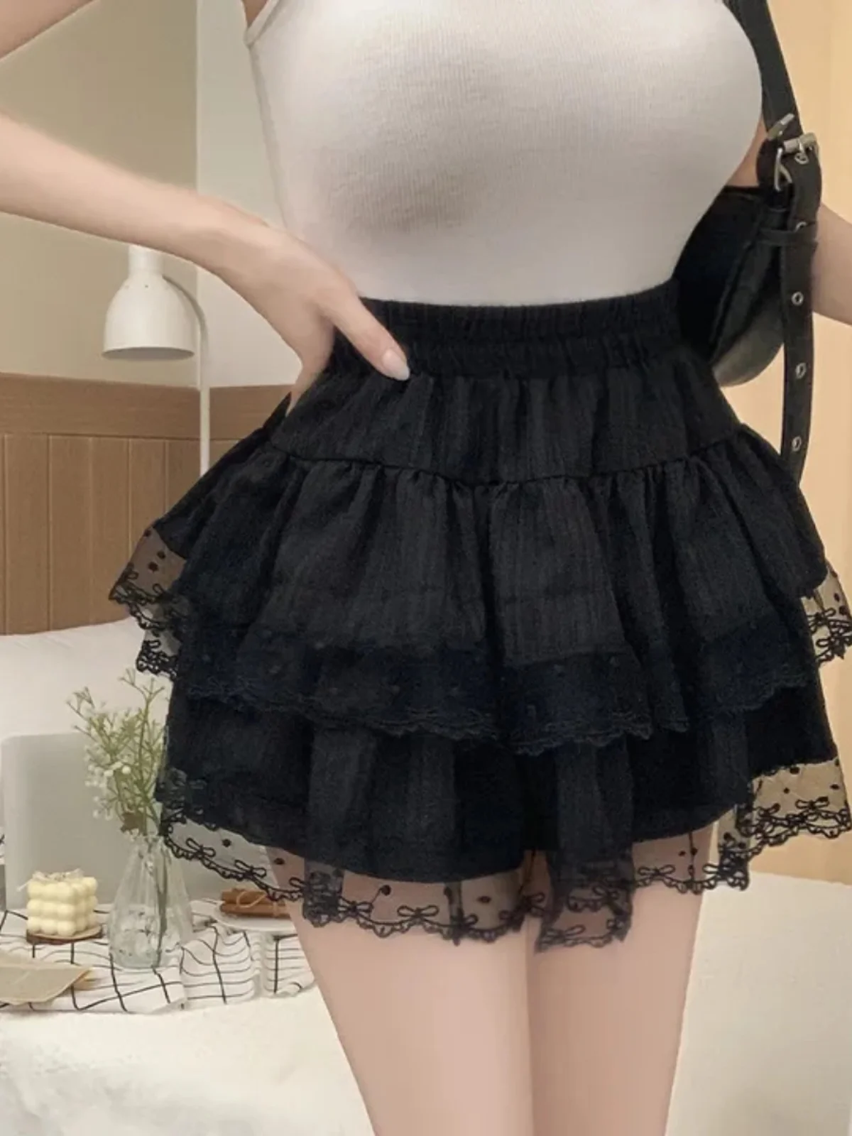 falda de Cintura Alta con Encaje Estilo Coreano, Falda Nea para Mujer, Falda Tipo Pastel, Falda Corta Anti-Transparenci...