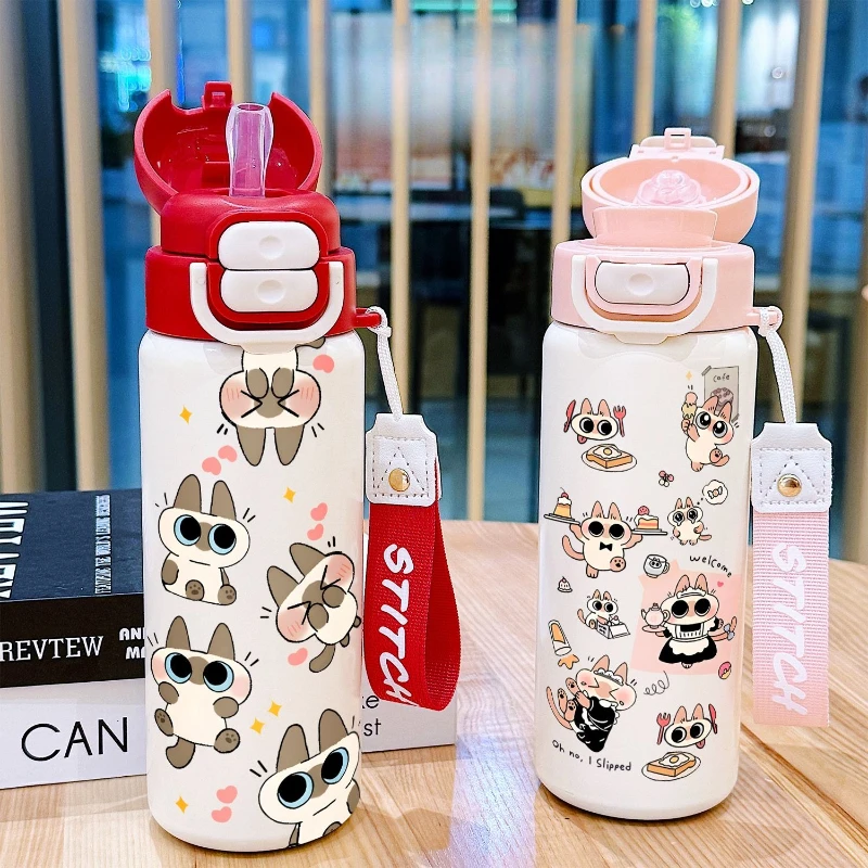Azuki Thermosflasche, niedlich und kreativ, großes Fassungsvermögen, modisch und einfach, tragbarer Trinkbecher mit Strohhalm für Schüler. – Detail 2