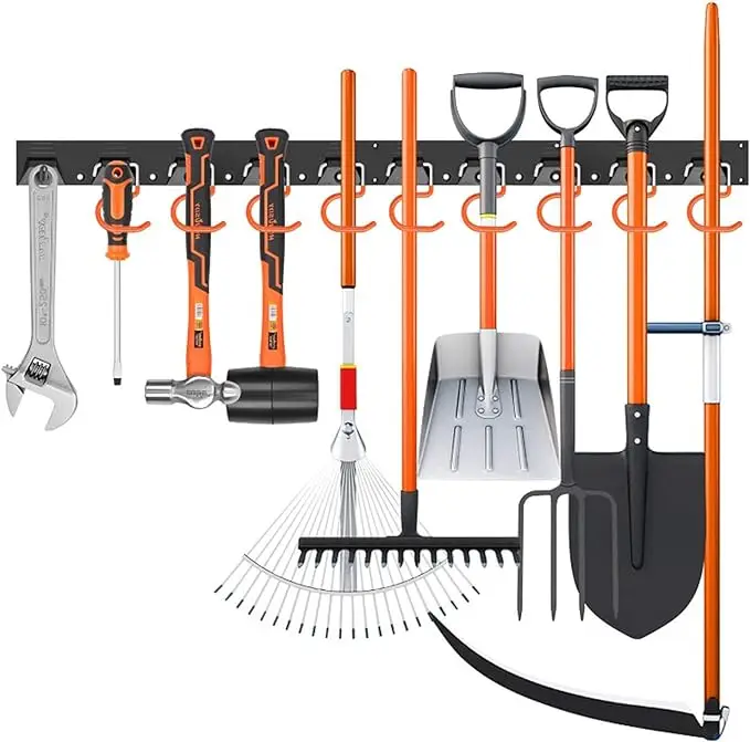 Garage manager,storage system with 10 slots and 20 hooks, wall mounted broom rack, 64 inch wall mounted garden tool rack