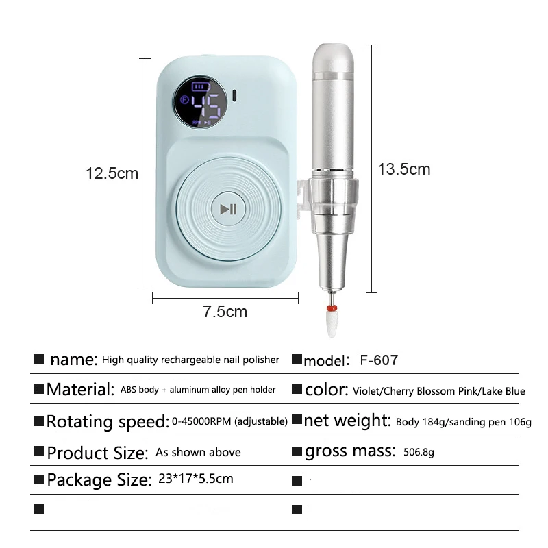 Gorąca wyprzedaż w dzisiejszych czasach regulowana 45000 obr/min polerka do paznokci przenośne polerowanie i usuwanie gwoździ 2 w 1 zasilany z baterii polerka do paznokci