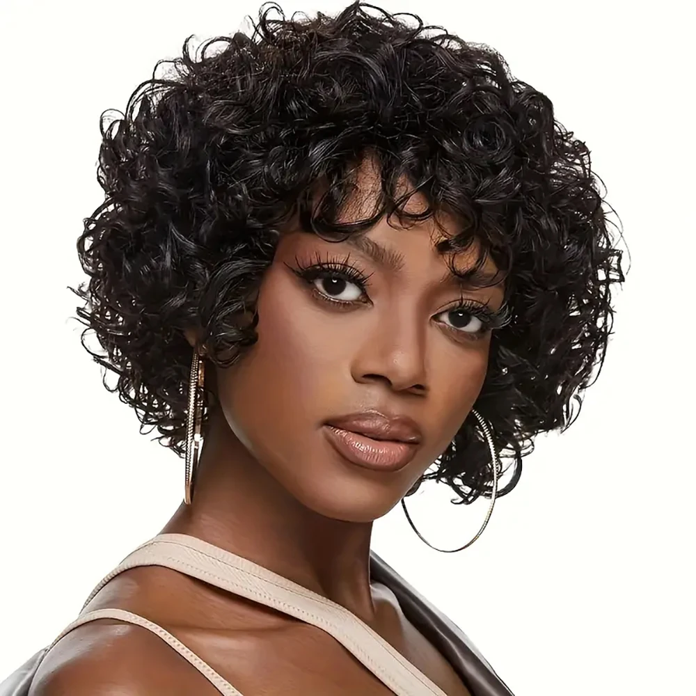 الرطب والمموج عابث قطع شعر مستعار قصير شعر بشري مجعد مع الانفجارات قبل قطعها للنساء البرازيلي شعر ريمي كامل آلة صنع قبعة