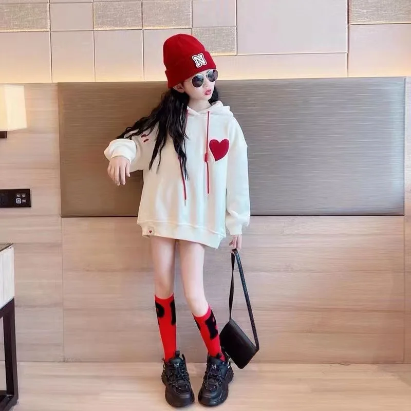 2026 autumn winter heart  Girls clothes Hooded white Sweatshirt Baby t-shirt Dresses teenager Kid Princess 6 7 8 9 10 11 12 year