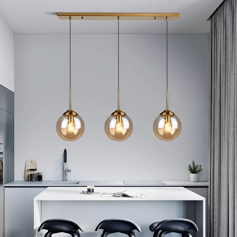 Modern Glass Ball Pendant Light, Lâmpada suspensa para cozinha Sala de jantar Ilha, Home Indoor Teto Lustres para Restaurante, Âmbar