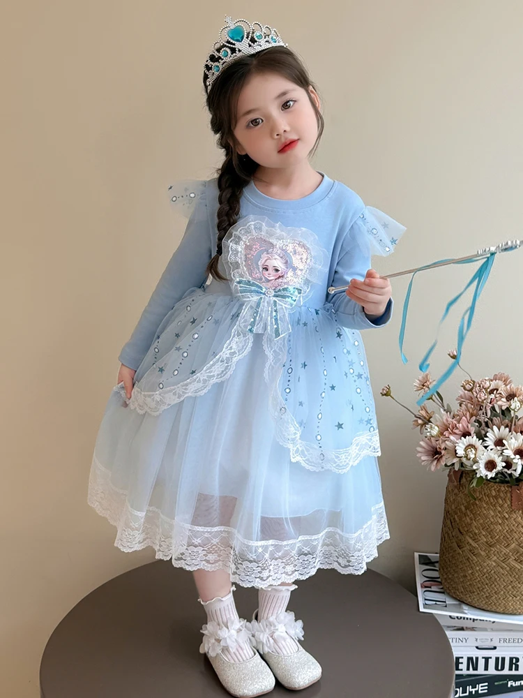 فساتين أميرات إلسا فروزن للفتيات، فستان خريفي أنيق بأكمام طويلة، فستان حلو لحفلات أعياد ميلاد الأطفال #4