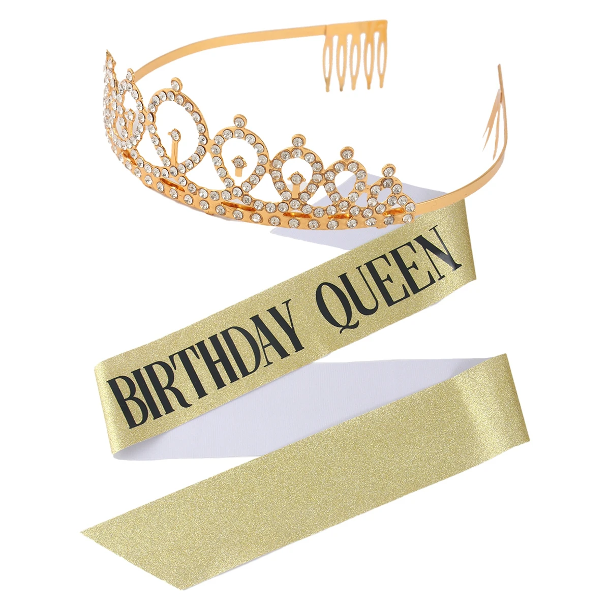 Gold Birthday Crown with Ribbon Queen Girl Happy Birthday Party Decor Kids Favors Fairy Tiara Baby Shower Wedding Party Supplies