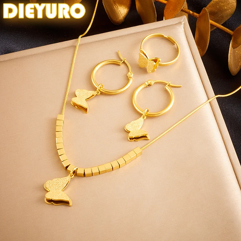 

DIEYURO 316L Stainless Steel Gold Color Butterfly Necklace Earrings Ring For Women Girl New Party Gift Fashion Jewelry Set