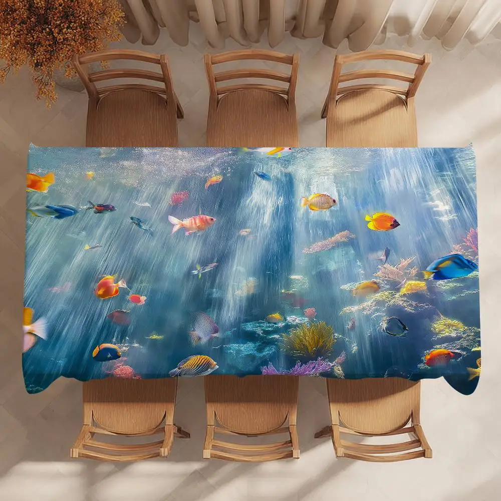 Sea World Fishes Table Cloth Party Decor Dining Room Home Kitchen Patios Waterproof Stain-Proof Table Cloth