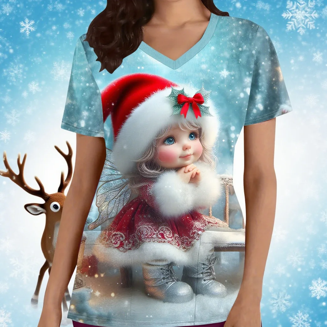 Dwarf Print Short Sleeve Thanksgiving V-Neck Scrubs Top with Pockets for Doctor Nurse Physician Dentist Women's Work Clothing