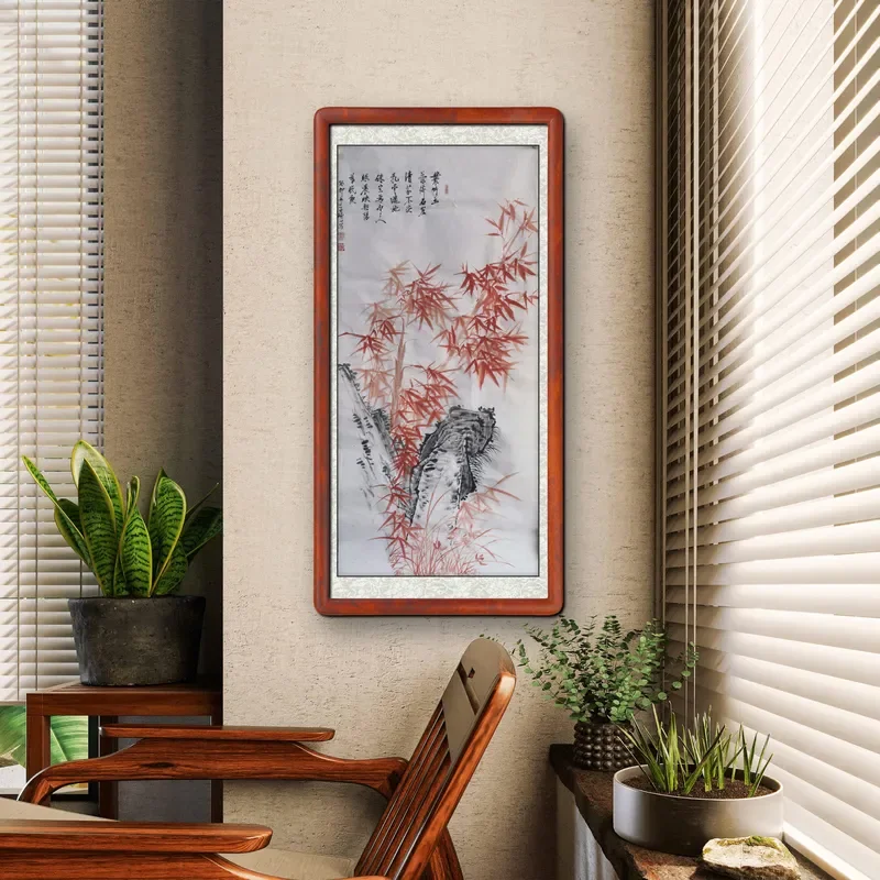Decoração de Parede para Casa, Pintura de Rocha em Tinta Chinesa de Bambu Vermelho Pintada à Mão, Marca LINGFENG, Papel Xuan, Estilo Literati, Logotip