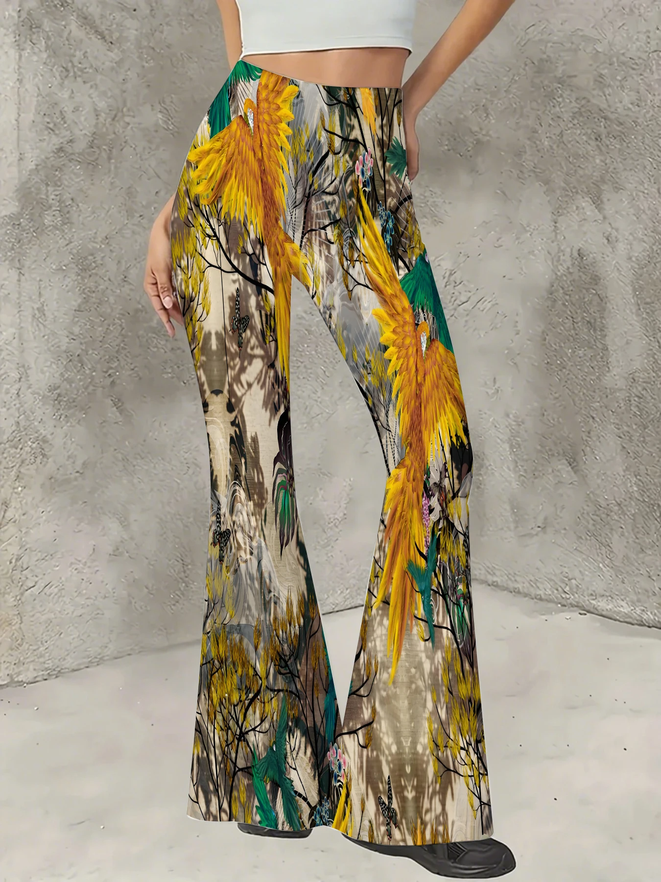 

Women's Flared Pants Golden Bird Botanical Print Trousers Stretchy Casual Slim Fit Bell Bottoms for Daily Vacation Streetwear