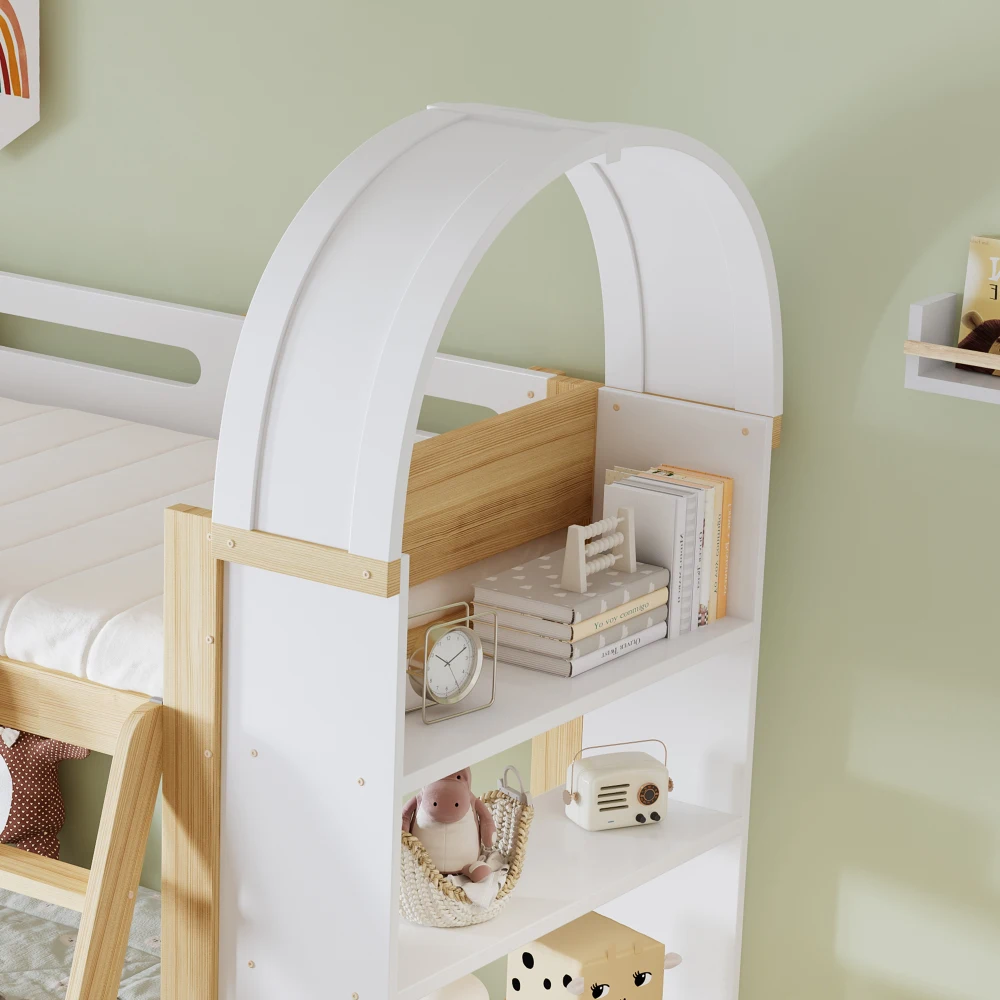 Kinder-Etagenbett mit 3-stufigem Regal, 3-stufiger Leiter und Sicherheitsgitter – stabile Lattenrostkonstruktion, geeignet für Kinderzimmer (ohne Matratze). – Detail 18