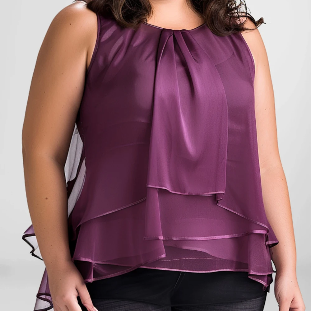 Plus Size Everyday Casual Dark Purple Chiffon Layered Overlay Fold Tank Top Round Neck Shirts