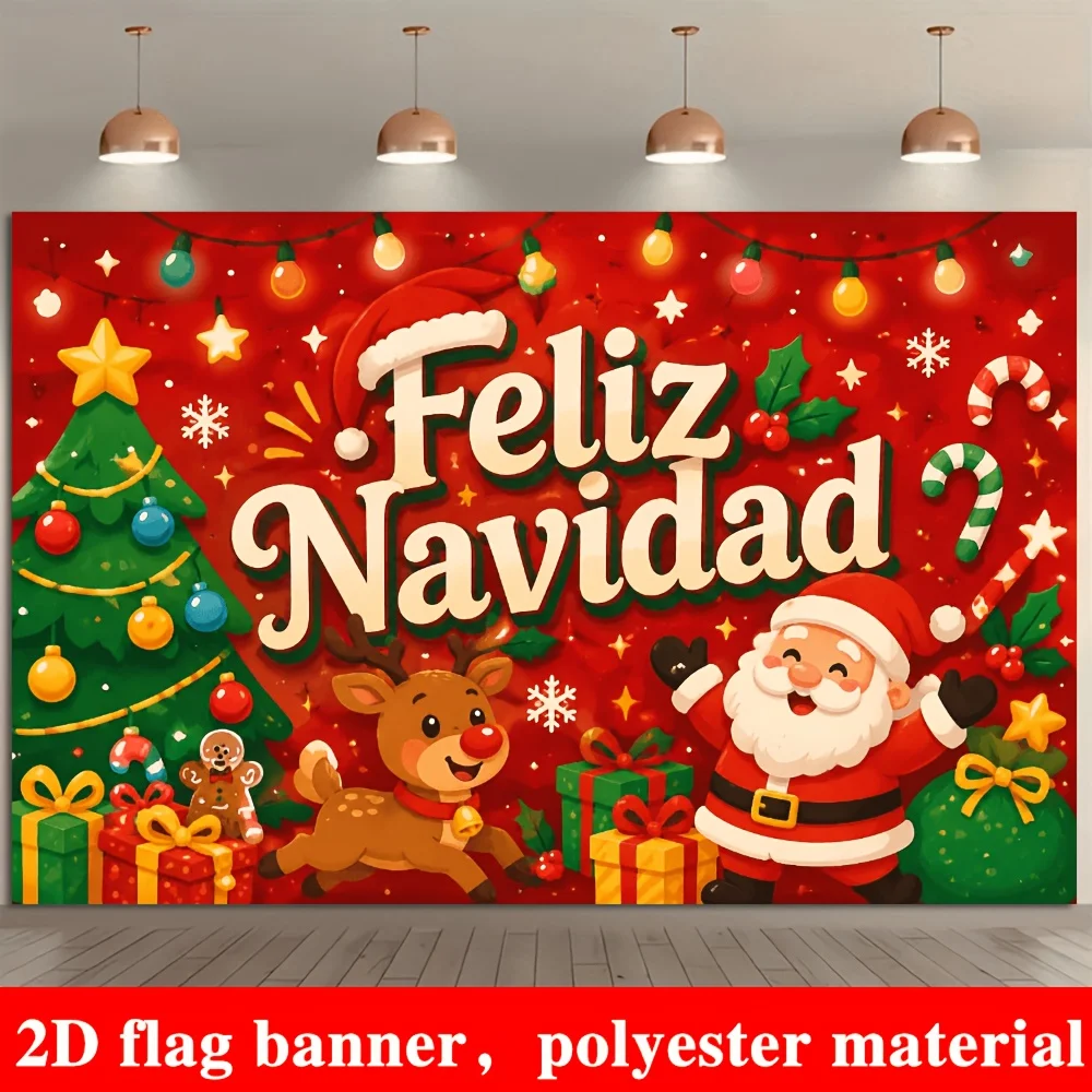 Christmas-themed banner background fabric, featuring a Christmas tree, Santa Claus, red-nosed reindeer...