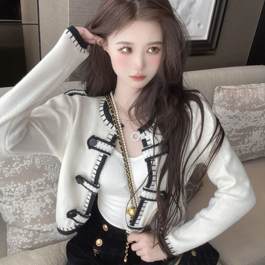 

Knitted Cardigan Women's Autumn New Double-breasted Chic Short Sweater Top Jacket