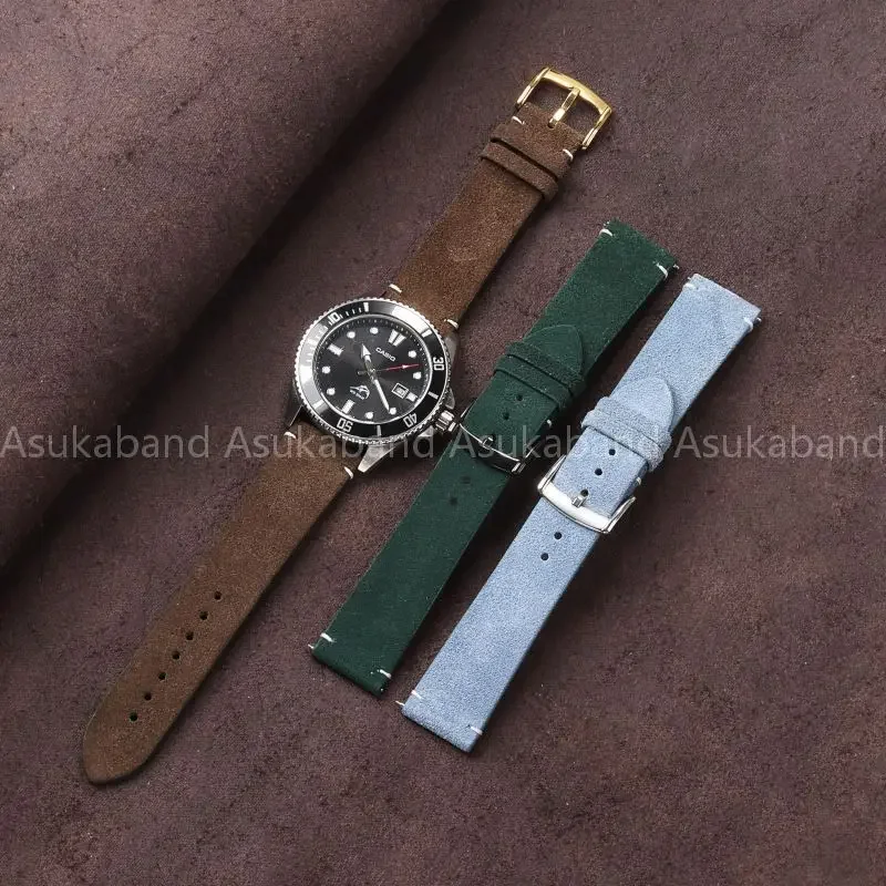 本物のスエードレザーの時計ストラップ,セイコーとカシオ用のビンテージスタイルの時計バンド,男性と女性用のクイックリリースブレスレット,20mm, 22mm