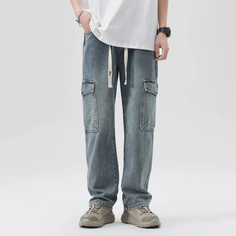 

TFETTERS Summer Jeans for Men Baggy 2024 Mid Rise Multi Pocket Blue Cargo Jeans Straight Fashion Skateboard Casual Streetwear