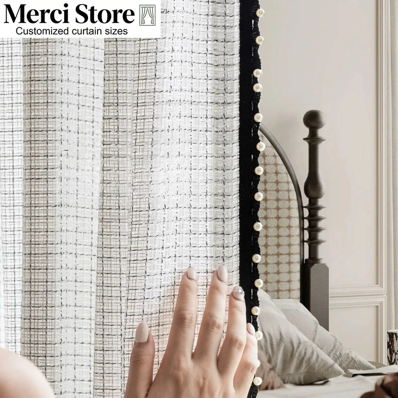 Light French Style Black and White Plaid Light Opaque Light Luxury High-end Pearl Lace Hepburn Style Curtains for  Bedroom