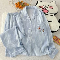 Spring and autumn pajamas for women, casual cardigan with reversible collar, long sleeves, long pants, home wear two-piece set.