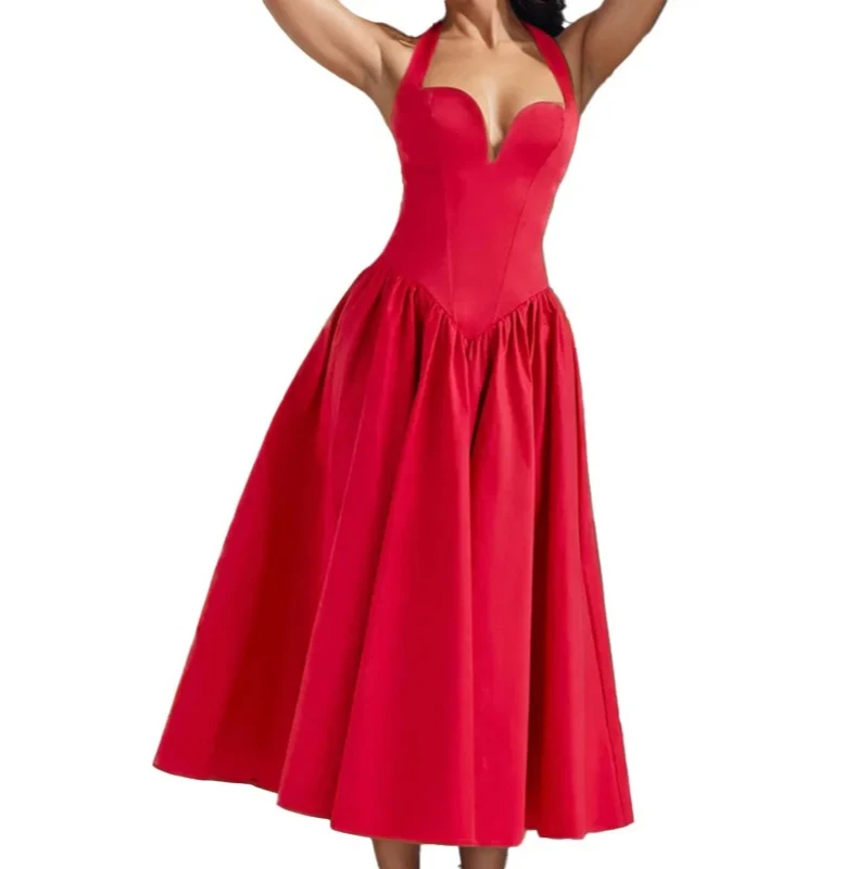 Dames Halter Hals Sweetheart Jurken Nieuwe Zomer Effen Kleur Elegante Formele Party Prom A-lijn Jurk