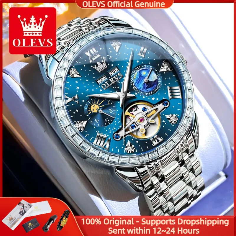 OLEVS 6712 Mechanical Watch for Men Waterproof Skeleton Flywheel Moon Phase Calendar Automatic Men's Business Wristwatch