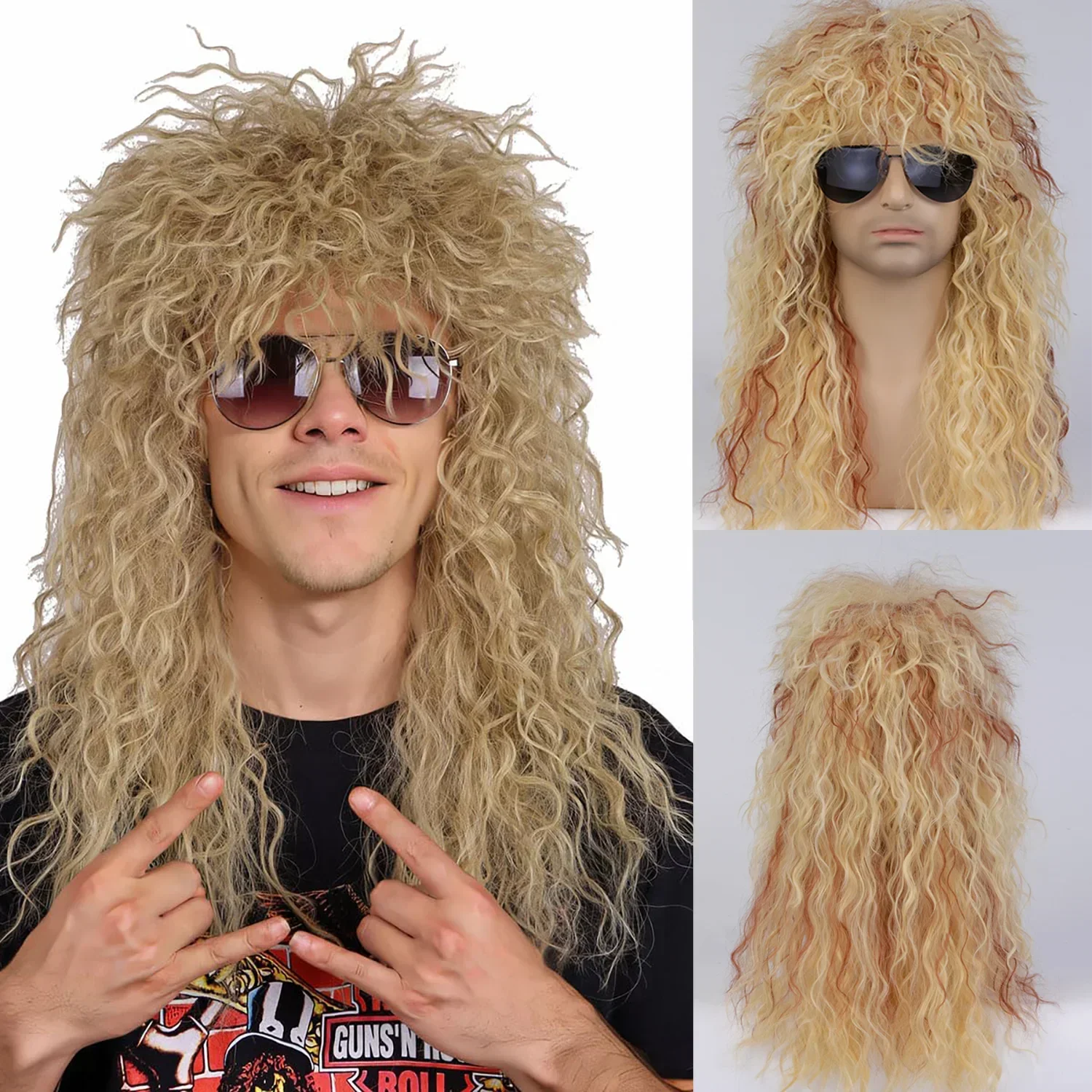Парики 80-х годов для мужчин и женщин, парик Mullet, парик в стиле рок-диско, синтетические длинные вьющиеся коричневые градиентные белые волосы