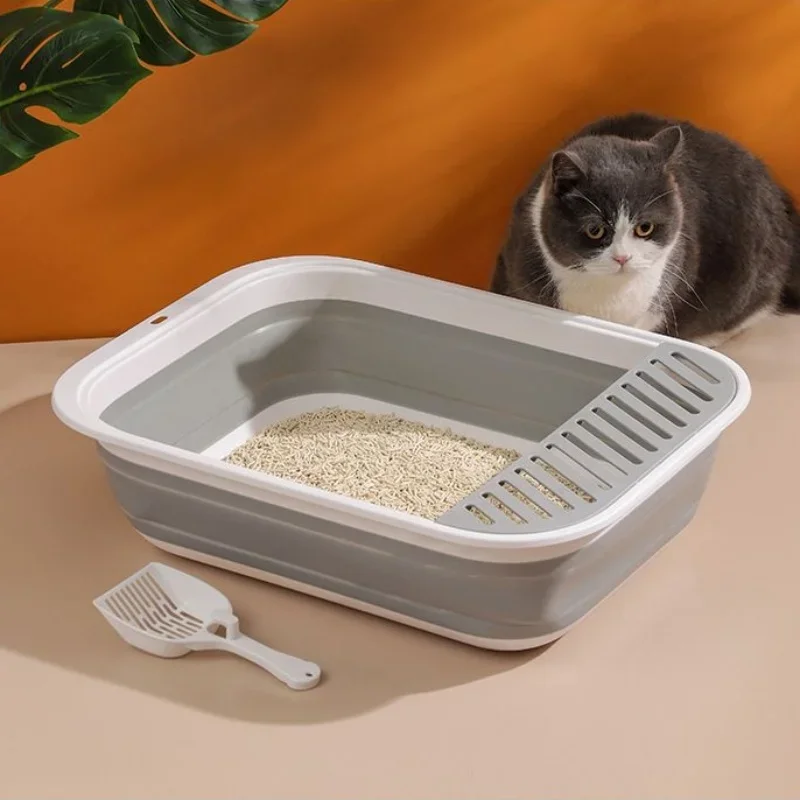 Portable Cat Bedpans Foldable Cat Toilet Large Capacity Semi-closed Pet Cat Litter Box Anti Splash Cat Tray Cleaning Bath Basin