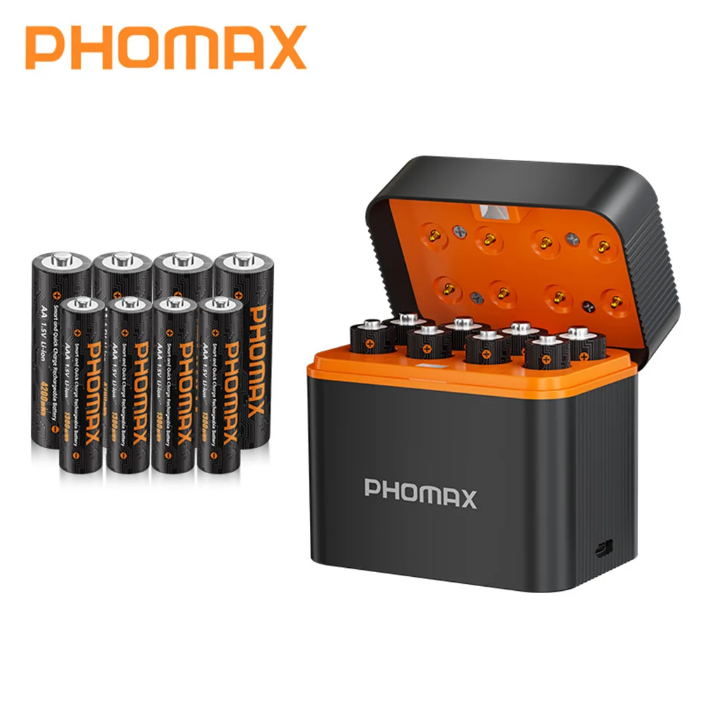 POHMAX – chargeur de batterie au Lithium 1.5V AA/AAA, 8 emplacements, boîte de charge rapide Rechargeable pour Batteries 1.5V avec câble de charge rapide