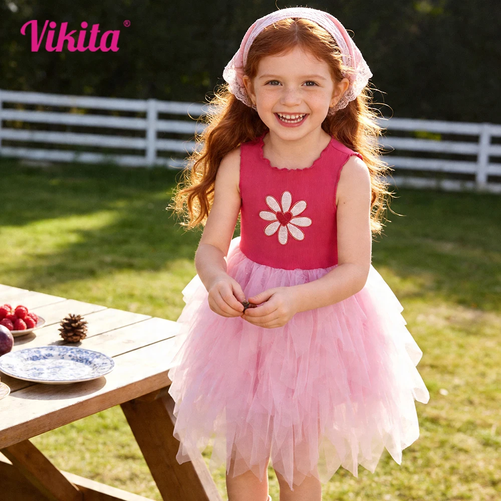 

VIKITA Girl Pink Sleeveless Dress for Summer Kids Flower Embroidery Knitted Layered Tulle Mesh Tutu Princess Party Elegant Frock