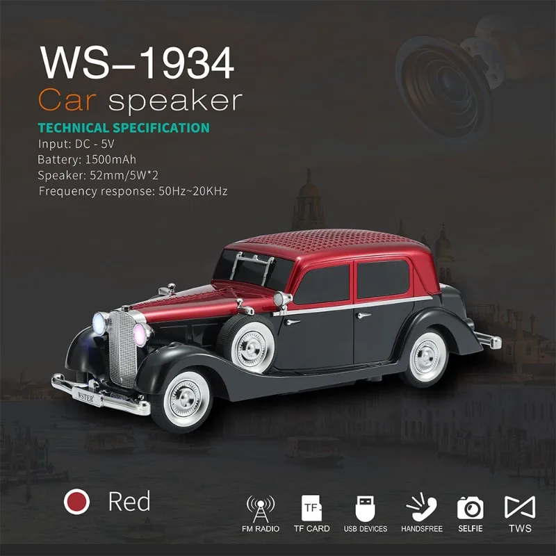 Pop WS-1934 Wireless Car Shape Sound Box Multifunction Music Player Bluetooth Speaker Fm Radio Portable Vintage Stereo Caixa De
